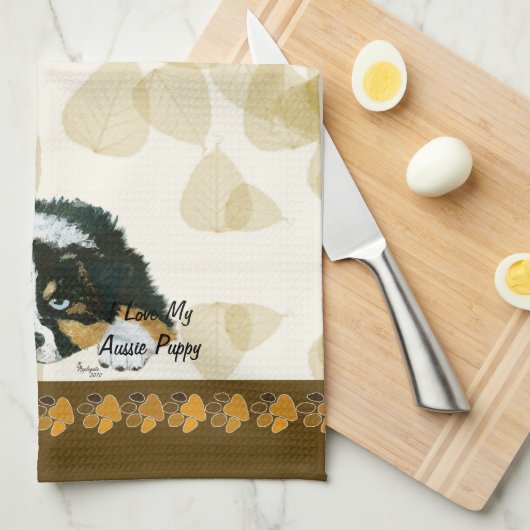 オーストラリアの羊飼いの黒の三子犬の~Tan葉 キッチンタオル (四つ折り)