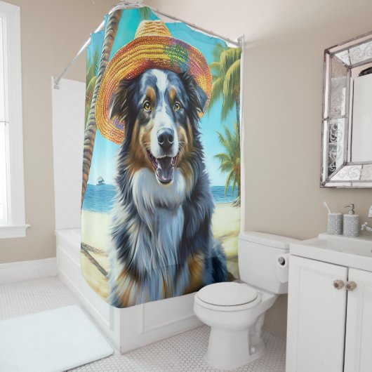 オーストラリアの羊飼いオンビーチ犬の恋人の夏のギフト シャワーカーテン (インサイチュ)