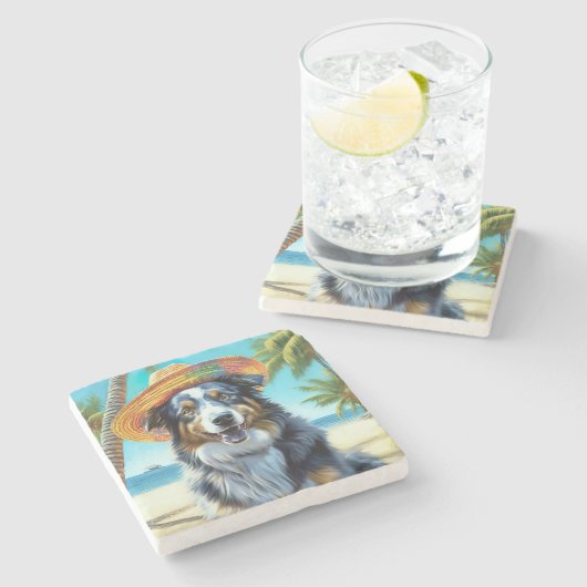 オーストラリアの羊飼いオンビーチ犬の恋人の夏のギフト ストーンコースター (横)