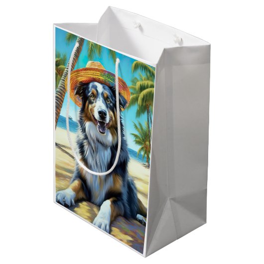 オーストラリアの羊飼いオンビーチ犬の恋人の夏のギフト ミディアムペーパーバッグ (裏面アングル)