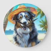 オーストラリアの羊飼いオンビーチ犬の恋人の夏のギフト ラージ壁時計 (正面)