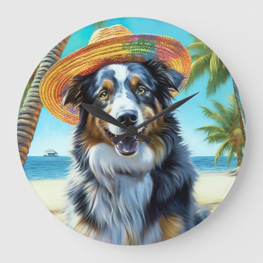 オーストラリアの羊飼いオンビーチ犬の恋人の夏のギフト ラージ壁時計 (正面)