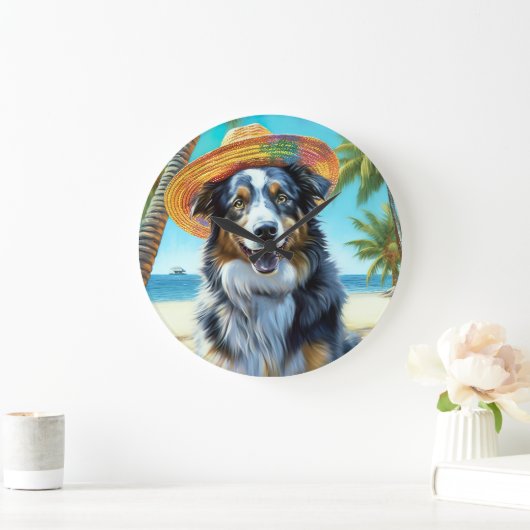 オーストラリアの羊飼いオンビーチ犬の恋人の夏のギフト ラージ壁時計 (ホーム)
