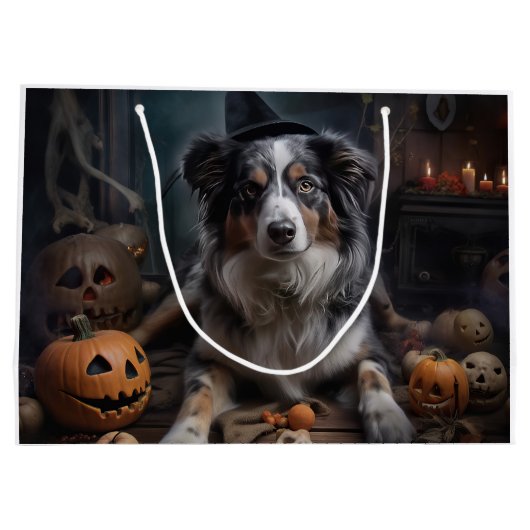 オーストラリアの羊飼いカボチャのハロウィーン怖い ラージペーパーバッグ (裏面)