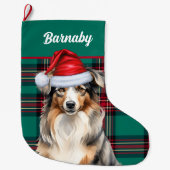 オーストラリアの羊飼いグリーン・プレイドと犬の名前 ラージクリスマスストッキング (正面)