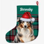 オーストラリアの羊飼いグリーン・プレイドと犬の名前 ラージクリスマスストッキング (裏面)