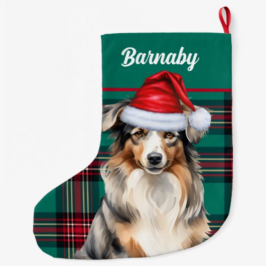 オーストラリアの羊飼いグリーン・プレイドと犬の名前 ラージクリスマスストッキング (裏面)