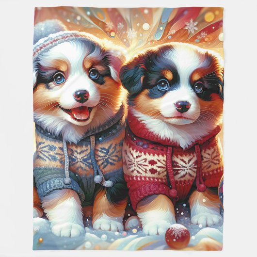 「オーストラリアの羊飼い子犬の最初の雪の降り» フリースブランケット (正面)