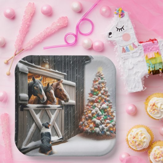 オーストラリアの羊飼い犬とクリスマスホース納屋 ペーパープレート (パーティー)