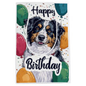 オーストラリアの羊飼い犬と風船誕生日 ミディアムペーパーバッグ (正面)