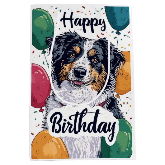 オーストラリアの羊飼い犬と風船誕生日 ミディアムペーパーバッグ (正面)