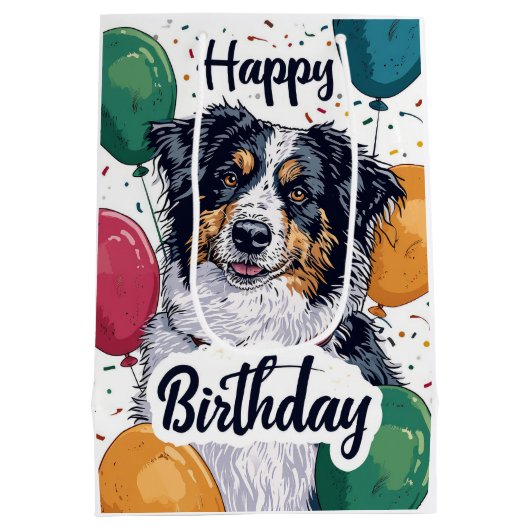 オーストラリアの羊飼い犬と風船誕生日 ミディアムペーパーバッグ (裏面)