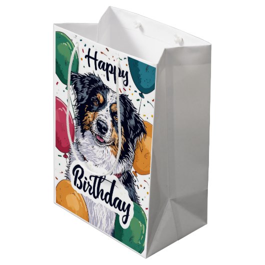 オーストラリアの羊飼い犬と風船誕生日 ミディアムペーパーバッグ (裏面アングル)