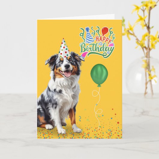 オーストラリアの羊飼い犬のパーティーハット誕生日 カード (黄色い花)