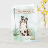 オーストラリアの羊飼い犬の誕生日標識 カード (黄色い花)