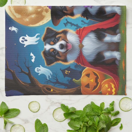 オーストラリアの羊飼い犬カボチャおもしろいハロウィン キッチンタオル (折り畳み)