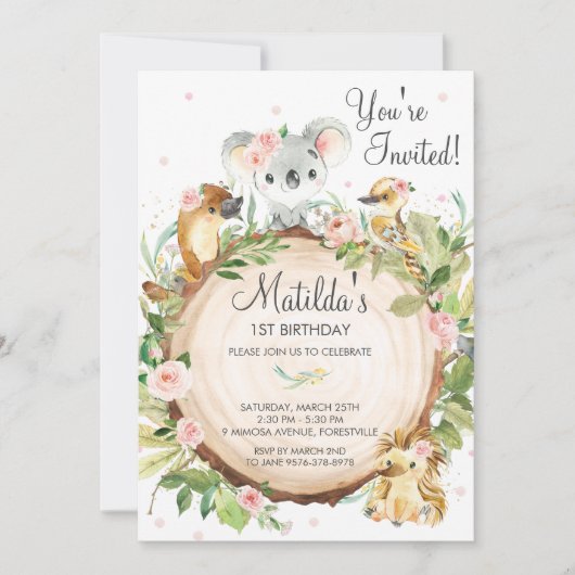 オーストラリアアニマルズコアラピンクフローラガール誕生日 招待状 (正面)