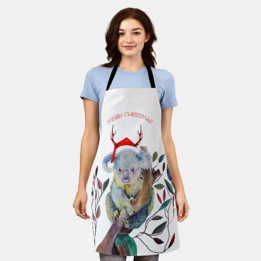 オーストラリアクリスマスコアラサンタハットレッドグリーン エプロン (着用した状態)