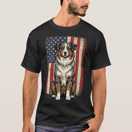 オーストラリアンシェパード アメリカ国旗 7月4日 Tシャツ (正面)