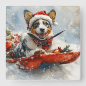オーストラリアン・キャトル・ドッグのそりでLet it Snow クリスマス スクエア壁時計 (正面)