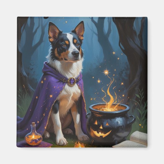 オーストラリアン・キャトル・ドッグのウィズミカルなハロウィン絵画 マグネット (正面)