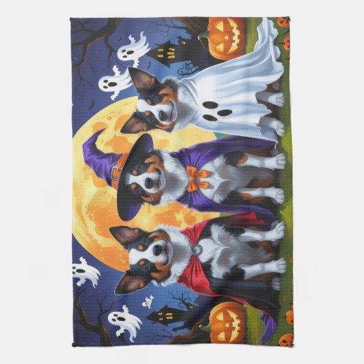 オーストラリアン・キャトル・ドッグのハロウィン かぼちゃ 面白い キッチンタオル (縦)