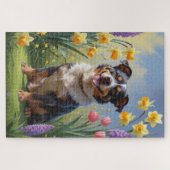 オーストラリアン・キャトル・ドッグ 春の花の絵画 ジグソーパズル (横)
