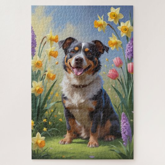 オーストラリアン・キャトル・ドッグ 春の花の絵画 ジグソーパズル (縦)