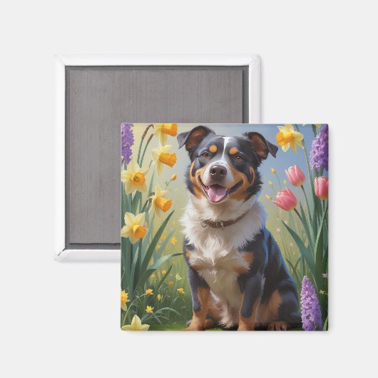 オーストラリアン・キャトル・ドッグ 春の花の絵画 マグネット (正面/裏面)