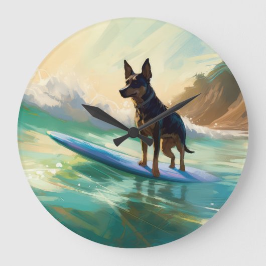 オーストラリアン・ケルピー ビーチ サーフィン 絵画 ラージ壁時計 (正面)