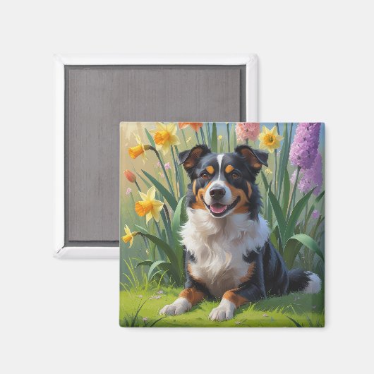 オーストラリアン・ケルピー 犬 春の花の絵画 マグネット (正面/裏面)