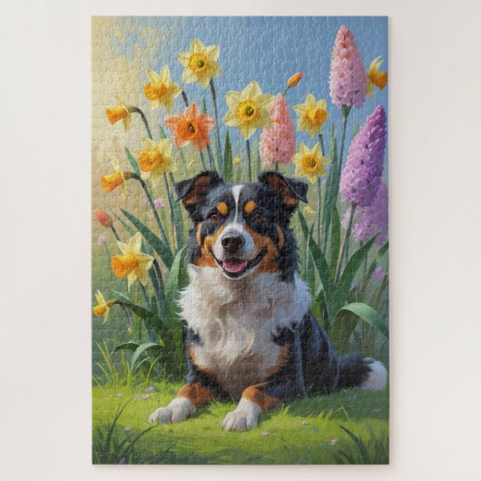 オーストラリアン・ケルピー 犬 春の花 絵画 ジグソーパズル (縦)