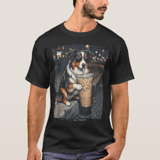 オーストラリアン・シェパードがアイスコーヒーを飲む面白いデザイン Tシャツ
