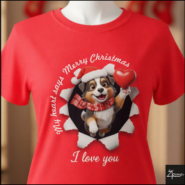 オーストラリアン・シェパードの子犬のクリスマスハートスカーフ Tシャツ