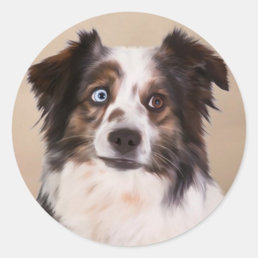 オーストラリアン・シェパードの油絵アート ラウンドシール (正面)