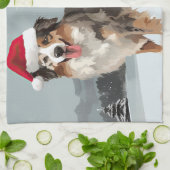 オーストラリアン・シェパードの犬と雪のクリスマス キッチンタオル (折り畳み)
