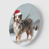 オーストラリアン・シェパードの犬と雪のクリスマス ラージ壁時計 (傾斜)
