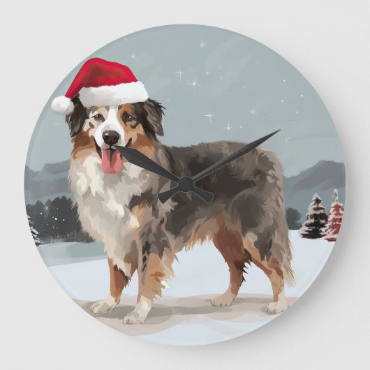 オーストラリアン・シェパードの犬と雪のクリスマス ラージ壁時計 (正面)