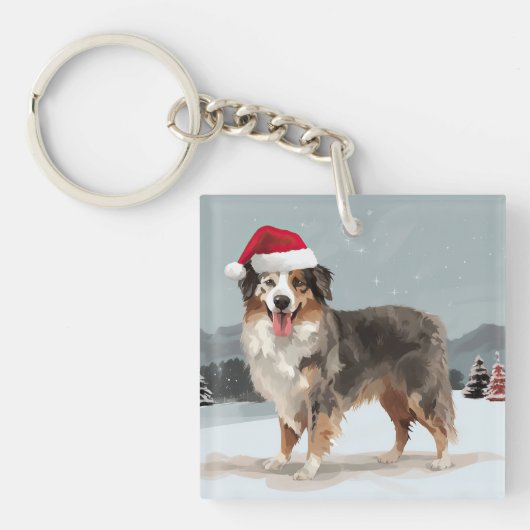 オーストラリアン・シェパードの犬の雪のクリスマス キーホルダー (正面)