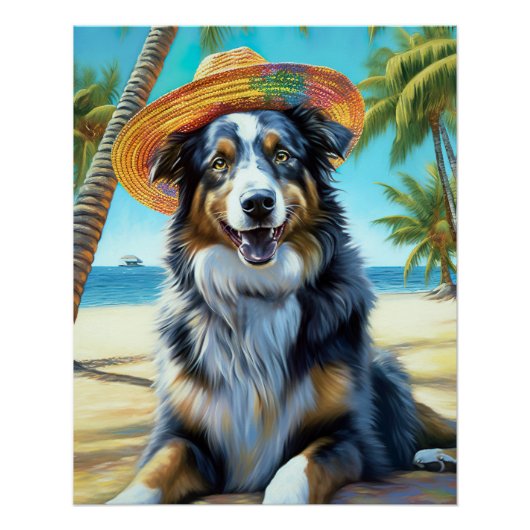 オーストラリアン・シェパード オン ビーチ 犬好き 夏季ギフト ポスター (正面)
