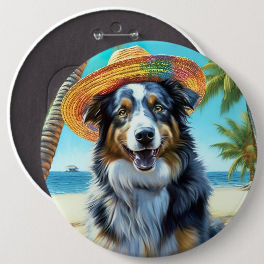 オーストラリアン・シェパード ビーチ 犬好き サマーギフト 缶バッジ (正面&裏面)