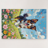 オーストラリアン・シェパード 春の野の花の犬 ジグソーパズル (横)