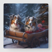 オーストラリアン・シェパード 雪景色のそりとクリスマスの飾り スクエア壁時計 (正面)