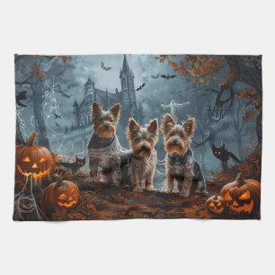 オーストラリアン・テリアのハロウィンナイトの犬の喜び キッチンタオル