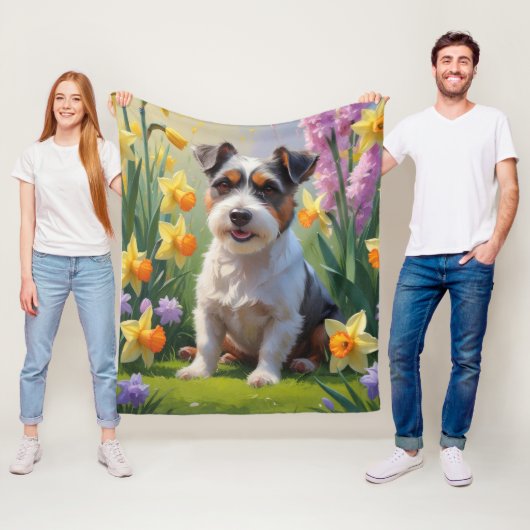 オーストラリアン・テリアの犬と春の花の絵 フリースブランケット (インサイチュ)