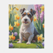 オーストラリアン・テリアの犬と春の花の絵 フリースブランケット (正面)