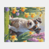 オーストラリアン・テリアの犬と春の花の絵 フリースブランケット (正面(横))