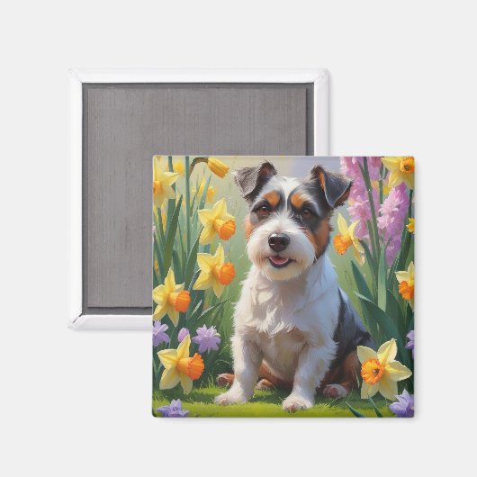 オーストラリアン・テリアの犬と春の花の絵 マグネット (正面/裏面)