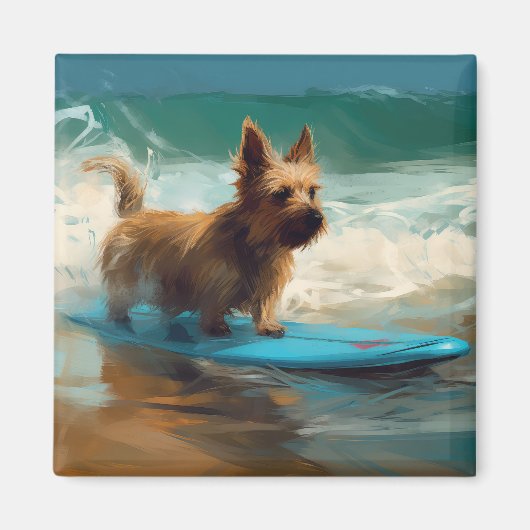 オーストラリアン・テリア ビーチ サーフィン 絵画 マグネット (正面)
