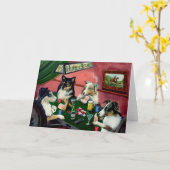 オーストラリア人の家トランプのポーカーの挨拶状を遊んでいる4匹の犬 カード (黄色い花)